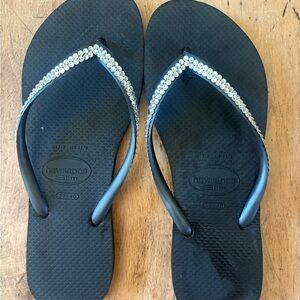 Havaianas Slim Women's Black Flip Flops with rhinestones
